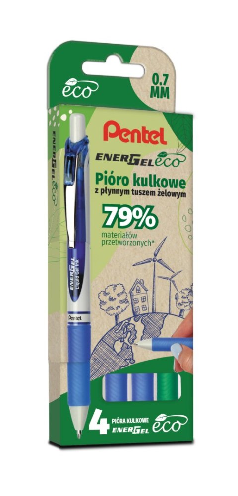 Pióro kulkowe ENERGEL 3x niebieski, 1x zielony komplet 4sztuk BL77E PENTEL Pióro kulkowe ENERGEL 3x niebieski, 1x zielony komplet 4sztuk BL77E PENTEL