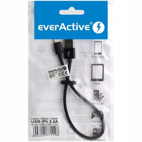 Kabel USB-A -> Lightning 0,3m 2,4A pleciony czarny EVERACTIVE (CBB-0.3IB) Kabel USB-A -> Lightning 0,3m 2,4A pleciony czarny EVERACTIVE (CBB-0.3IB)