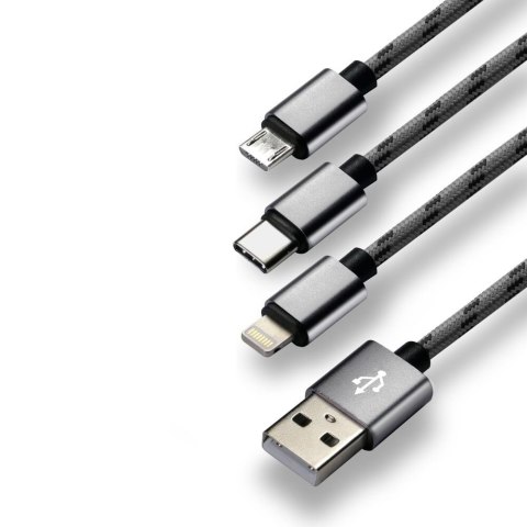Kabel USB-A -> USB-C/microUSB/Lightning 3w1 1,2m 2,4A pleciony czarny EVERACTIVE (CBB-1.2MCI) Kabel USB-A -> USB-C/microUSB/Lightning 3w1 1,2m 2,4A pleciony czarny EVERACTIVE (CBB-1.2MCI)