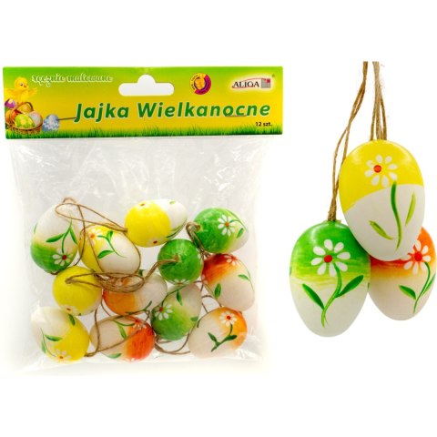 Jajko plastikowe wielkanocne ręcznie malowane z zawieszką satynową wysokość 4 cm (12 szt.) WPJ-8550 Jajko plastikowe wielkanocne ręcznie malowane z zawieszką satynową wysokość 4 cm (12 szt.) WPJ-8550