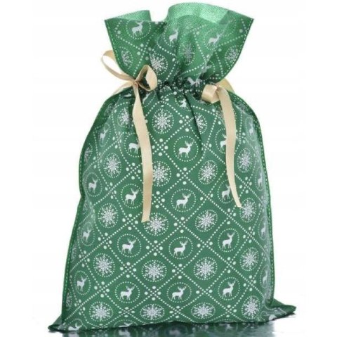 Worek upominkowy materiałowy zielony RENIFERY + PŁATKI ŚNIEGU 30x45cm PaKaDo Worek upominkowy materiałowy zielony RENIFERY + PŁATKI ŚNIEGU 30x45cm PaKaDo