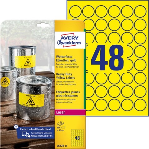 Etykiety Heavy Duty żółte średnica Q30mm L6128-20szt AVERY ZWECKFORM Etykiety Heavy Duty żółte średnica Q30mm L6128-20szt AVERY ZWECKFORM