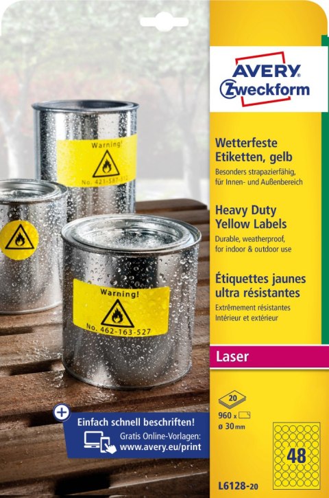 Etykiety Heavy Duty żółte średnica Q30mm L6128-20szt AVERY ZWECKFORM Etykiety Heavy Duty żółte średnica Q30mm L6128-20szt AVERY ZWECKFORM