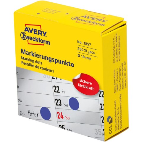 Kółka w dyspenserze trwałe 250szt. 19mm niebieskie 3857 AVERY ZWECKFORM Kółka w dyspenserze trwałe 250szt. 19mm niebieskie 3857 AVERY ZWECKFORM