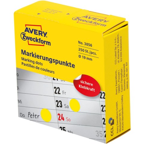 Kółka w dyspenserze trwałe 250szt. 19mm żółte 3856 AVERY ZWECKFORM Kółka w dyspenserze trwałe 250szt. 19mm żółte 3856 AVERY ZWECKFORM