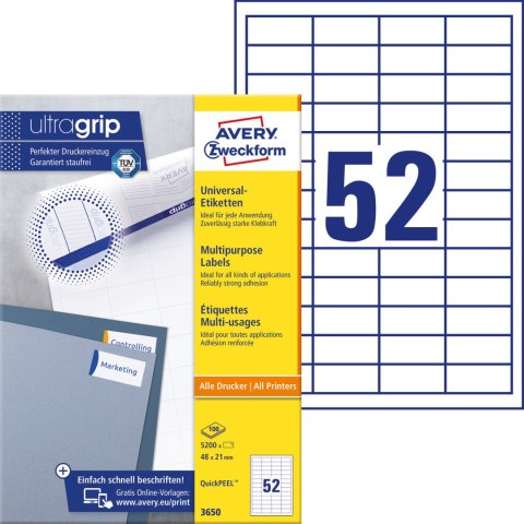 Etykieta A4 białe (100arkuszy) 48x21mm 3650 ULTRA GRIP AVERY ZWECKFORM