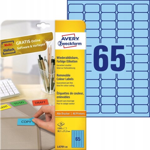 Etykiety A4 niebieskie(20ark)38,1x21,2mm L4791-20 AVERY ZWECKFORM Etykiety A4 niebieskie(20ark)38,1x21,2mm L4791-20 AVERY ZWECKFORM