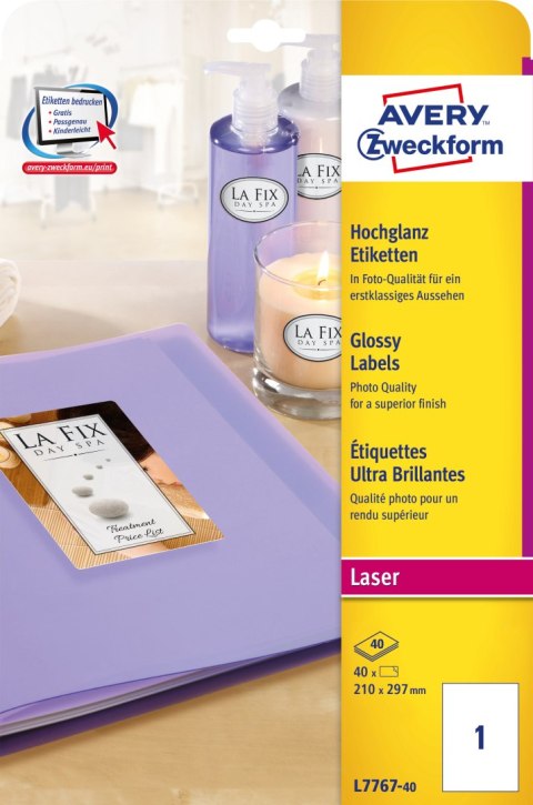 Etykiety ZF 210x297 7767-40 Laser Color biała błyszcząca AVERY ZWECKFORM Etykiety ZF 210x297 7767-40 Laser Color biała błyszcząca AVERY ZWECKFORM