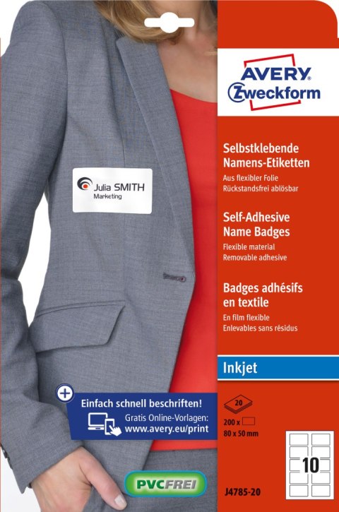 Identyfikatory do zadruku 80x50mm samoprzylepne białe do druk.atramentowej J4785-20 AVERY ZWECKFORM Identyfikatory do zadruku 80x50mm samoprzylepne białe do druk.atramentowej J4785-20 AVERY ZWECKFORM