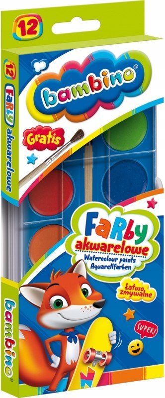 Farby akwarelowe szkolne Zestaw 12 kolorów + pędzelek BAMBINO St.Majewski Farby akwarelowe szkolne Zestaw 12 kolorów + pędzelek BAMBINO St.Majewski