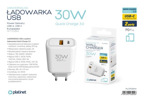 Ładowarka sieciowa 230V PLATINET 1xUSB-A + 1xUSB-C 30W biała (46002) Ładowarka sieciowa 230V PLATINET 1xUSB-A + 1xUSB-C 30W biała (46002)