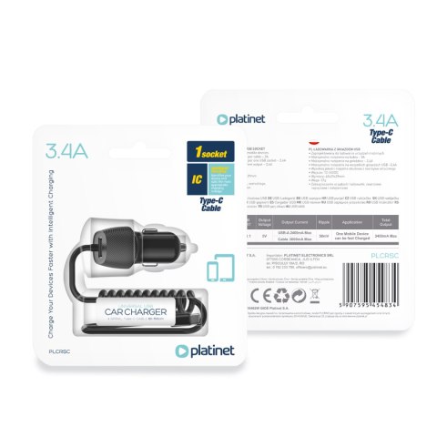 Ładowarka samochodowa USB-A 3,4A + kabel USB-C 15W PLATINET SPIRAL czarna (45483) Ładowarka samochodowa USB-A 3,4A + kabel USB-C 15W PLATINET SPIRAL czarna (45483)
