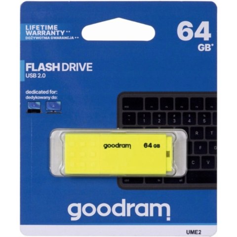 Pamięć USB 64GB GOODRAM UME2 żółty USB 2.0 UME2-0640Y0R11 Pamięć USB 64GB GOODRAM UME2 żółty USB 2.0 UME2-0640Y0R11