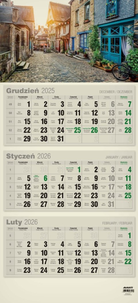 Kalendarz ścienny trójdzielny płaski KTT EKO AVANTI
