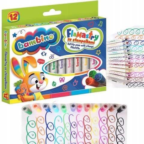 Flamastry dla dzieci ze stempelkami Zestaw 12 kolorów Pisaki Mazaki BAMBINO St.Majewski